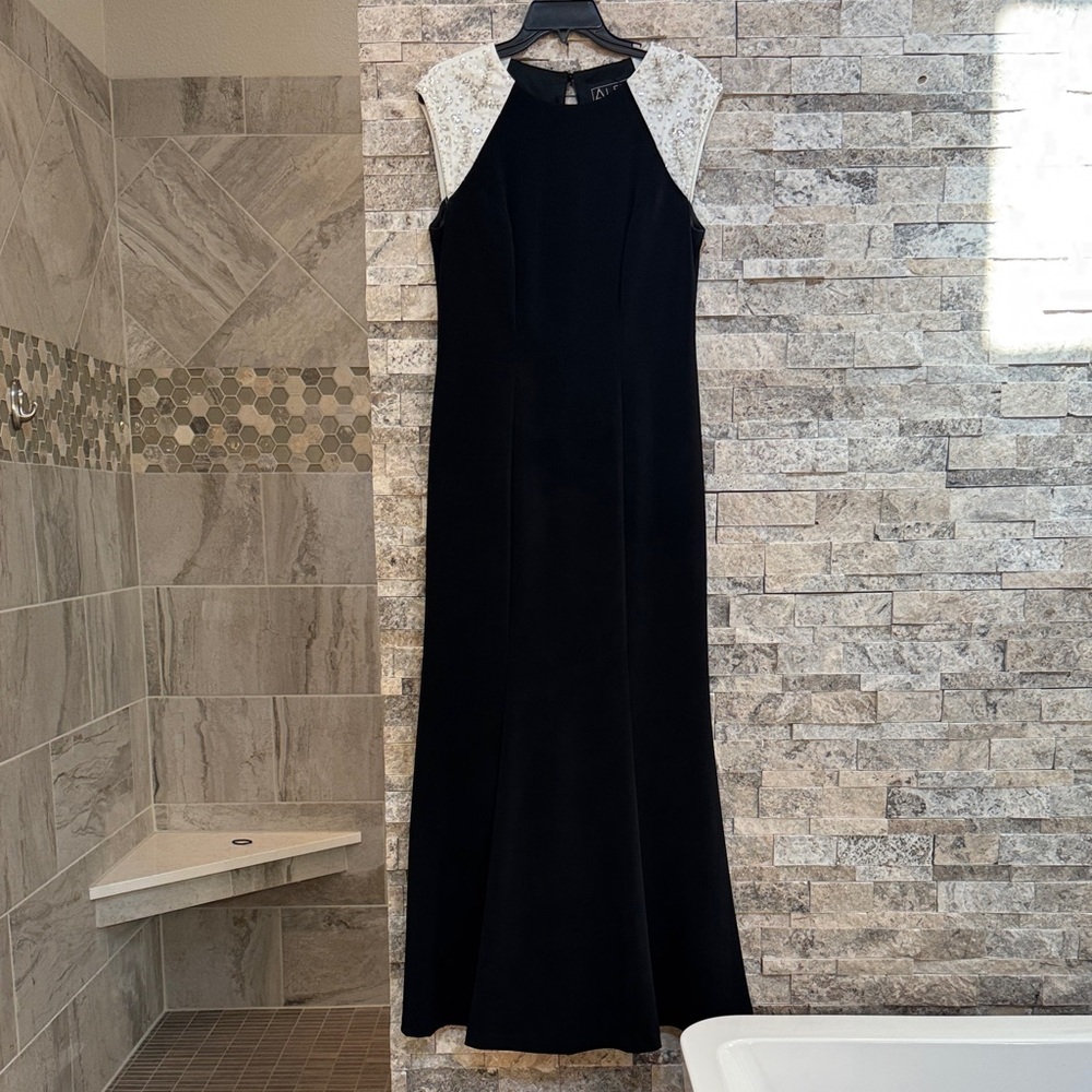 Alex Evenings Black Maxi Dress with White Accents